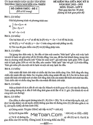 Đề thi giữa kỳ 2 Toán 9 năm 2022 – 2023 trường THCS Nguyễn Gia Thiều – TP HCM