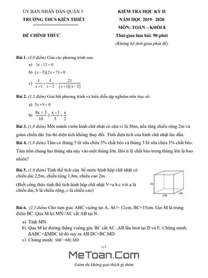 Đề thi HK2 Toán 8 năm 2019 - 2020 trường THCS Kiến Thiết - TP.HCM (Có đáp án)