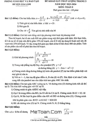 Đề khảo sát Toán 9 tháng 3 năm 2024 phòng GD&ĐT Gia Lâm - Hà Nội
