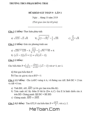 Đề khảo sát Toán 9 lần 1 năm 2019 - 2020 trường Phạm Hồng Thái - Hà Nội