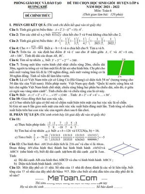 Đề thi học sinh giỏi Toán 6 năm 2021 - 2022 phòng GD&ĐT Hương Khê - Hà Tĩnh