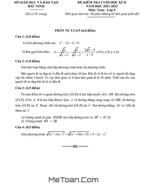 Đề kiểm tra cuối kỳ 2 Toán 9 năm 2021 - 2022 Sở GD&ĐT Bắc Ninh