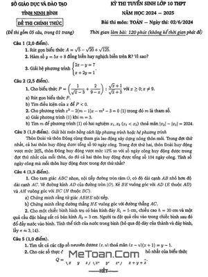 Đề thi tuyển sinh lớp 10 THPT môn Toán năm 2024 - 2025 sở GD&ĐT Ninh Bình