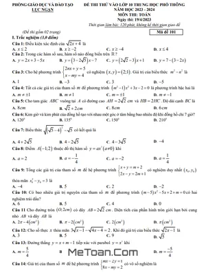 Đề thi thử Toán vào lớp 10 năm 2023 - 2024 phòng GD&ĐT Lục Ngạn - Bắc Giang