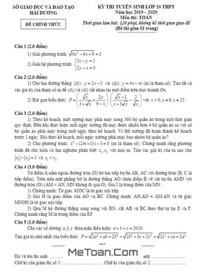 Đề Thi Tuyển Sinh Lớp 10 Môn Toán Sở GD&ĐT Hải Dương Năm 2019 - 2020