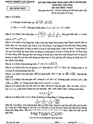 Đề HSG Toán 9 cấp huyện năm 2023 - 2024 phòng GD&ĐT Lập Thạch - Vĩnh Phúc