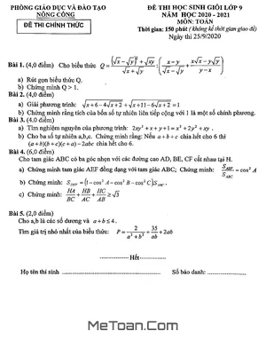 Đề thi HSG Toán 9 năm 2020 - 2021 phòng GD&ĐT Nông Cống, Thanh Hóa
