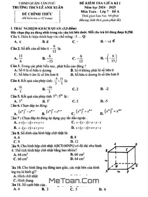 Đề Thi Giữa Kì 1 Toán 7 Năm 2024 - 2025 Trường THCS Lê Anh Xuân - TP HCM