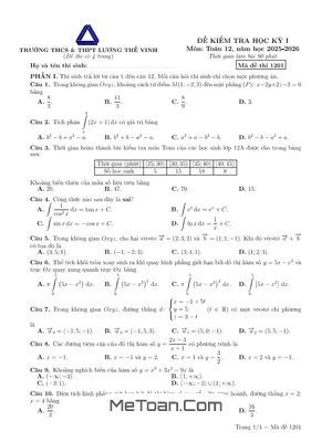 Đề thi học kỳ 1 Toán 12 năm học 2025 - 2026 trường Lương Thế Vinh – Hà Nội