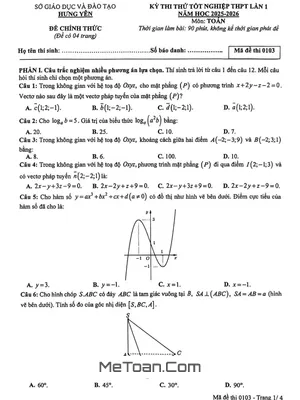 Đề Thi Thử Tốt Nghiệp THPT 2026 Môn Toán Lần 1 Sở GD&ĐT Hưng Yên Kèm Lời Giải Chi Tiết