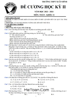 Đề Cương Ôn Tập Học Kỳ 2 Toán 11 Năm 2023 - 2024 Trường THPT Xuân Đỉnh - Hà Nội