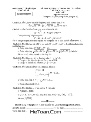 Đề thi chọn HSG Toán THPT cấp tỉnh năm học 2018 - 2019 sở GD&ĐT Phú Yên