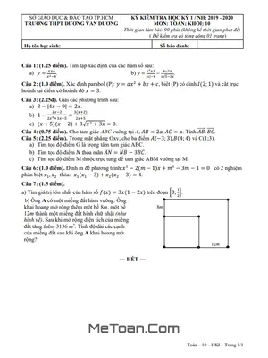 Đề thi HK1 Toán 10 năm 2019 – 2020 trường THPT Dương Văn Dương – TP HCM