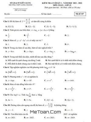 Đề thi cuối kỳ 1 Toán 12 năm 2021 – 2022 trường THPT Long Thạnh – Kiên Giang mã đề 107