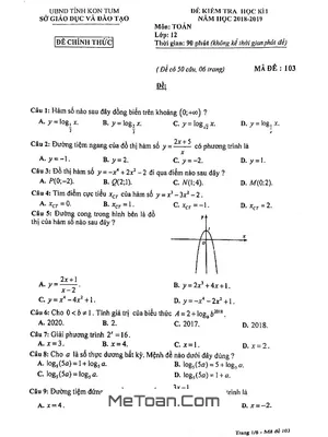 Đề thi học kỳ 1 Toán 12 năm 2018 - 2019 Sở GD&ĐT Kon Tum (Mã đề 104)