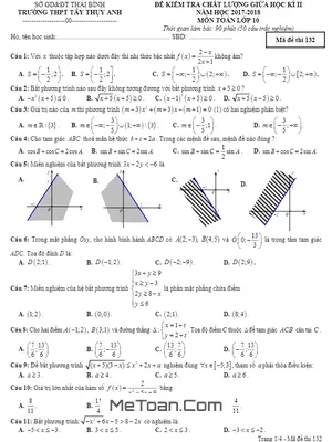 Đề kiểm tra chất lượng giữa HK2 Toán 10 trường Tây Thụy Anh - Thái Bình (có đáp án)
