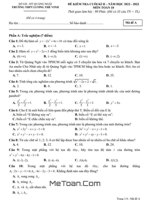 Đề Thi Cuối Kì 2 Môn Toán Lớp 10 Năm 2022 - 2023 Trường THPT Lương Thế Vinh - Quảng Ngãi