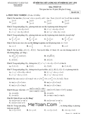 Đề thi học kỳ 2 Toán 10 năm 2017 - 2018 sở GD&ĐT Thái Bình (có đáp án)