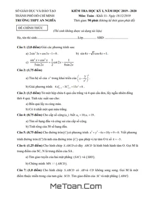 Đề thi học kì 1 Toán 11 năm 2019 - 2020 trường THPT An Nghĩa - TP HCM