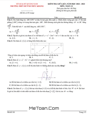 Đề giữa kì 1 Toán 12 năm 2022 - 2023 trường THPT Huỳnh Thúc Kháng - Quảng Nam