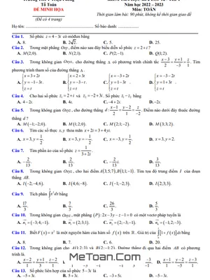 Đề Minh Họa Học Kì 2 Toán 12 Năm 2022 - 2023 Trường THPT Triệu Phong - Quảng Trị