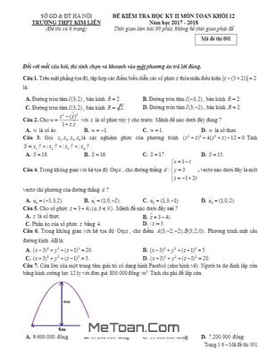 Đề thi học kỳ 2 Toán 12 năm 2017 - 2018 trường THPT Kim Liên - Hà Nội (có đáp án)