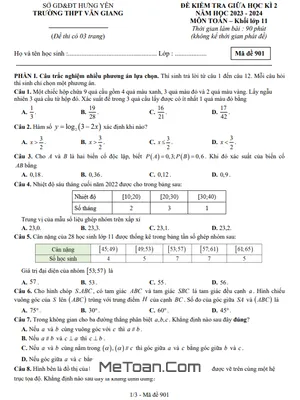 Đề thi giữa kì 2 Toán 11 năm 2023 - 2024 trường THPT Văn Giang - Hưng Yên