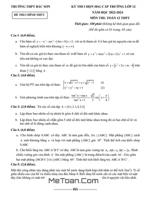 Đề thi chọn HSG Toán 12 năm 2023 - 2024 trường THPT Bắc Sơn - Lạng Sơn