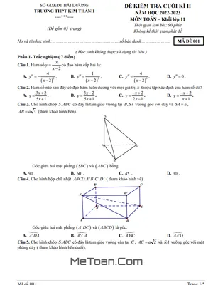 Đề Thi Cuối Kì 2 Môn Toán Lớp 11 Năm 2022 - 2023 Trường THPT Kim Thành - Hải Dương