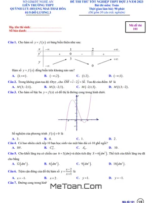 Đề thi thử tốt nghiệp THPT 2023 môn Toán đợt 3 liên trường THPT – Nghệ An