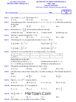 Đề thi thử THPT Quốc gia 2022 môn Toán lần 3 trường THPT Nho Quan A – Ninh Bình