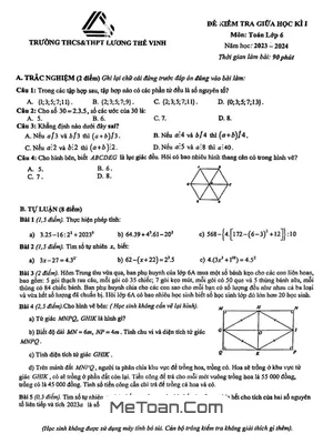 Đề giữa kì 1 Toán 6 năm 2023 - 2024 trường Lương Thế Vinh – Hà Nội