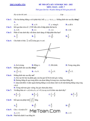 Đề thi giữa kì 1 Toán 7 năm 2021 - 2022 trường THCS Nghĩa Tân - Hà Nội