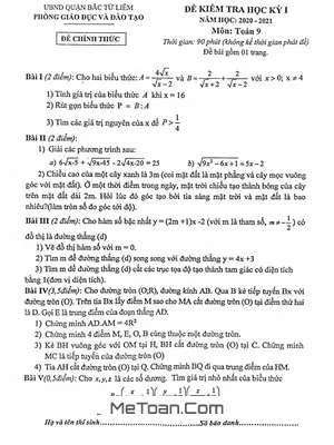 Đề thi HK1 Toán 9 năm học 2020 - 2021 phòng GD&ĐT Bắc Từ Liêm - Hà Nội