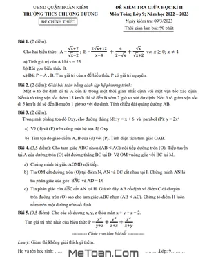 Đề Thi Giữa Học Kì 2 Toán 9 Năm 2022 - 2023 Trường THCS Chương Dương - Hà Nội