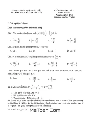 Đề thi học kỳ 2 Toán lớp 8 năm 2017 - 2018 trường THCS Nam Trung Yên - Hà Nội
