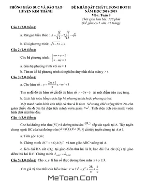 Đề KSCL Toán 9 Đợt 2 Năm 2018 - 2019 Phòng GD&ĐT Kim Thành - Hải Dương