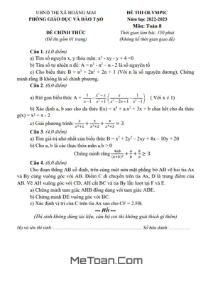 Đề thi Olympic Toán 8 năm 2022 - 2023 phòng GD&ĐT Hoàng Mai - Nghệ An