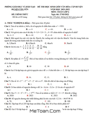 Đề thi HSG huyện Toán 6 năm 2021-2022 phòng GD&ĐT Tân Yên - Bắc Giang