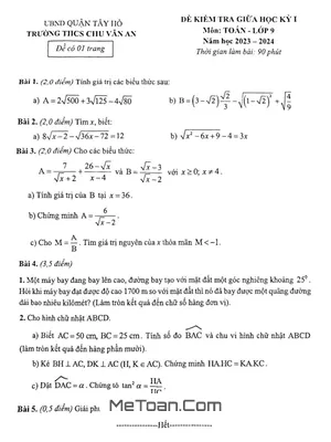 Đề thi giữa kỳ 1 Toán 9 năm 2023 - 2024 trường THCS Chu Văn An - Hà Nội