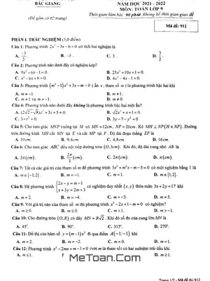 Đề thi học kì 2 Toán lớp 9 năm 2021 - 2022 sở GD&ĐT Bắc Giang (có đáp án)