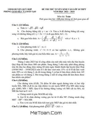 Đề thi thử Toán vào lớp 10 năm 2023 – 2024 phòng GD&ĐT Quỳ Hợp – Nghệ An