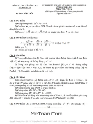 Đề thi tuyển sinh lớp 10 môn Toán năm 2021-2022 Sở GD&ĐT Đắk Lắk