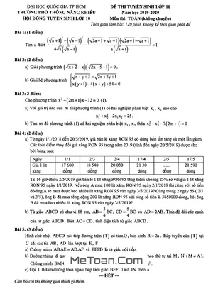 Đề Thi Vào Lớp 10 Chuyên Toán Trường Phổ Thông Năng Khiếu TP.HCM Năm Học 2019 - 2020