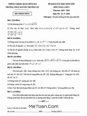 Đề thi học sinh giỏi Toán 9 năm 2023 - 2024 trường THCS Nguyễn Trường Tộ - Hà Nội