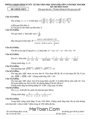 Đề thi HSG Toán 9 năm 2019 - 2020 phòng GD&ĐT Bình Xuyên - Vĩnh Phúc (có lời giải)