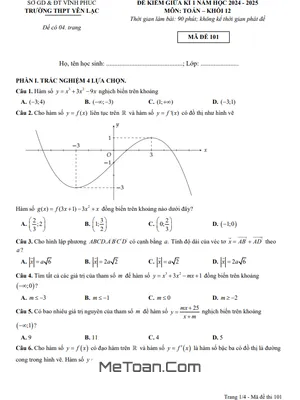 Đề Thi Giữa Kì 1 Toán 12 Năm 2024 - 2025 Trường THPT Yên Lạc - Vĩnh Phúc