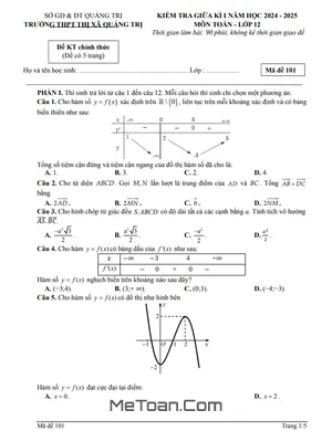 Đề giữa kỳ 1 Toán 12 năm 2024 - 2025 trường THPT Thị xã Quảng Trị