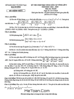 Đề thi chọn học sinh giỏi cấp tỉnh môn Toán 9 năm 2024 - 2025 sở GD&ĐT Hải Dương