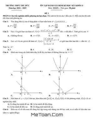 Đề Ôn Tập Cuối Kì 1 Toán 11 Năm 2024 - 2025 Trường THPT Thủ Đức - TP HCM
